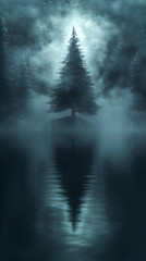 Eerie nightscape featuring a serene lake reflecting moonlit trees amidst a misty starlit forest evoking a sense of mys