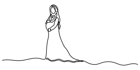 Beautiful pregnant woman touching her belly in continuous one line drawing. Simple line art illustration of pregnant belly. Pregnant Woman Continuous Line Icon. Single Line Vector Illustration.  