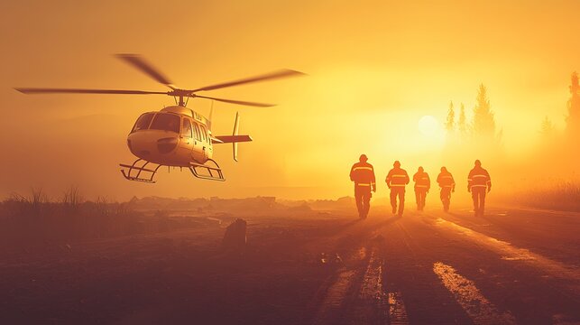 Helicopter Rescue: A dramatic shot captures the essence of rescue, with a helicopter poised for takeoff or landing, silhouetted against a vivid orange sky.