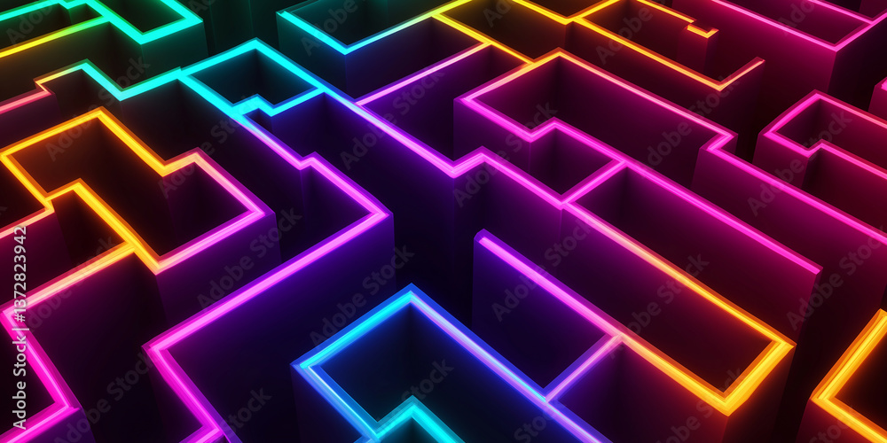 Poster Neon labyrinth glowing with vibrant rainbow colors creating complex pattern