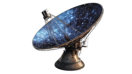 A satellite dish with starry sky reflection, isolated on white background --ar 16:9