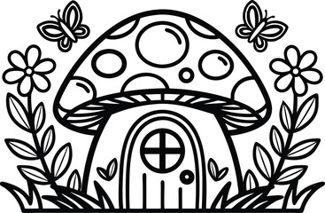 Whimsical Line Art Mushroom House with Butterflies and Flowers, Transparent