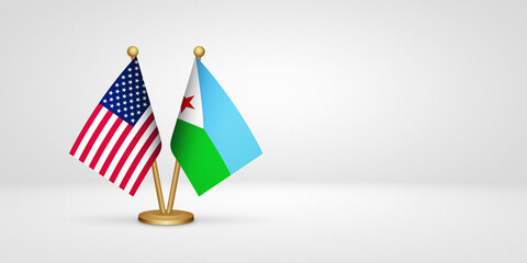Obraz premium USA vs Djibouti desk flags mockup 3d illustration. Versus flag of US United States of America