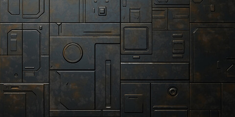 Dark metal plates forming futuristic industrial surface