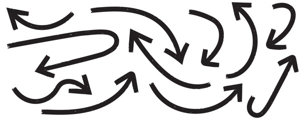 Grunge arrow vector set. Grunge arrow brush drawn. set of chalk pencil, brush stroke arrows. various charcoal arrows. Hand drawn doodle arrow symbols vector. 