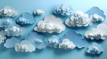 Cloudscape in light blue tones shows layered paper clouds some textured against a solid backdrop creating depth and d