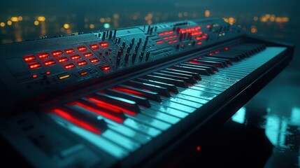 Advanced electronic keyboard with vibrant red lights.  Modern synth with numerous controls.  Night city backdrop