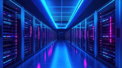 Fototapeta premium Exploring Data Center Server Room with Blue and Pink Neon Lights