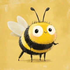 Cartoon bee with large eyes and a small smile, set against a textured yellow background.