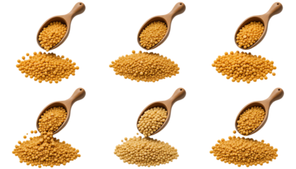 wooden scoop pouring out golden soybeans set