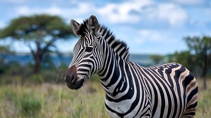 Fototapeta premium Zebra standing in a grassy field with trees in the background