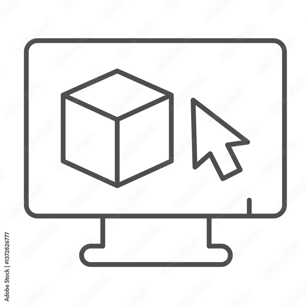Fototapete Monitor with 3D square and cursor pointer thin line icon, architect studio concept. Vector graphics. Display with 3D program sign on white background, outline style icon for mobile or web design.