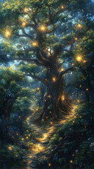 Enchanted forest path under a towering tree is lit by golden orbs creating a whimsical atmosphere