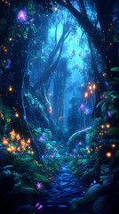 Enchanted forest path with glowing flowers fireflies and luminescent creatures in a mystical blue-lit atmosphere
