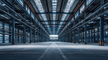 Obraz premium Empty warehouse interior with metal beams and skylights casting light