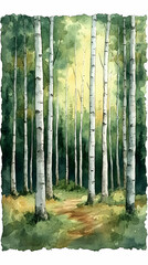 Fototapeta premium A watercolor painting of birch trees in a forest with sunlight filtering through creating a serene and natural atmosphe