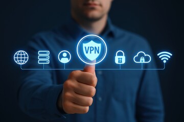 Fototapeta premium Cyber Security Assurance: A person interacting with digital VPN security features, demonstrating the modern approach of safeguarding data and privacy.