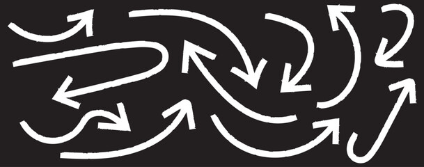 Grunge arrow vector set. Grunge arrow brush drawn.  various charcoal arrows. Hand drawn doodle arrow symbols vector. Bold brush drawn arrows. Brush, marker drawn bold arrows set. Collection of hand 