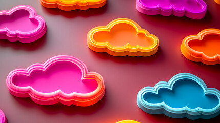 Colorful array of cloud-shaped objects scattered on surface They glow using pink orange purple yellow and blue sha