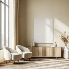 Modern Elegance Stylish Minimalist Interior with Neutral Tones and Natural Light. Symmetrical Layout, Wooden Sideboard, Armchairs, Large Window and Blank Canvas Wall Art in