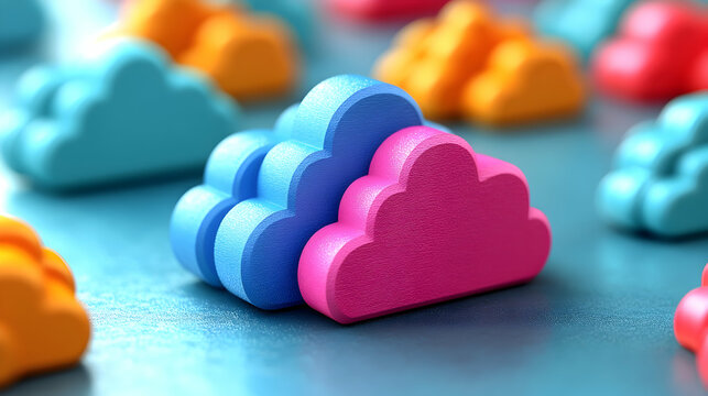Colorful array of cloud shapes in blue pink orange and red arranged in an orderly pattern with shallow depth of fie