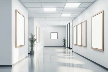 Minimalist Modern Hallway with Symmetry, Empty Frames and Plants in a Contemporary Office or Gallery Setting - Clean White Interior Design Concept