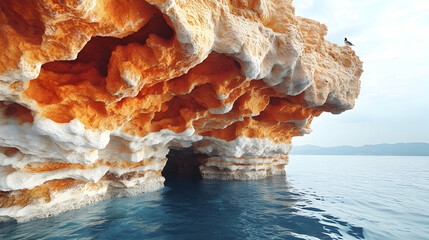 Obraz premium Eroded cliffs of orange and white stand above the blue ocean A bird perches atop the cliffs as mountains fade in the di