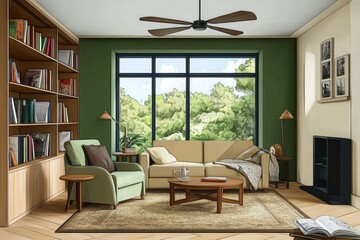 Fototapeta premium Inviting Living Room Escape with Lush Green View and Cozy Furnishings Symmetrical Layout, Warm Earthy Tones, Nature-Inspired