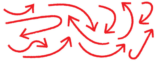 Set of Hand drawn vector arrows doodle on white background. Red Hand drawn arrow collection. Set of Red hand drawn grunge doodle spiral and curved charcoal, chalk arrows. Scribble symbols of direction