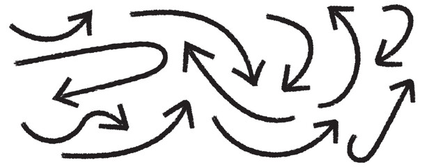 Grunge arrow vector set. Grunge arrow brush drawn. set of chalk pencil, brush stroke arrows. various charcoal arrows. Hand drawn doodle arrow symbols vector. 