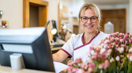 cheerful receptionist in healthcare setting warmly greets client, fostering positive customer relationship
