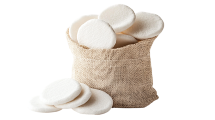 A set of reusable cotton rounds in a linen pouch, isolated on white background --ar 16:9