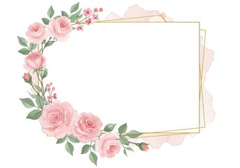 Fototapeta premium A floral frame with pink roses and green leaves surrounding a golden geometric square border design transparent background