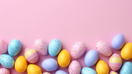 Vibrant easter card design with colorful candy eggs on a soft pink background for your messages