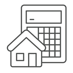 Calculator and house thin line icon, real estate concept. Vector graphics. Cottage building price for sale sign on white background, outline style icon for mobile or web design.