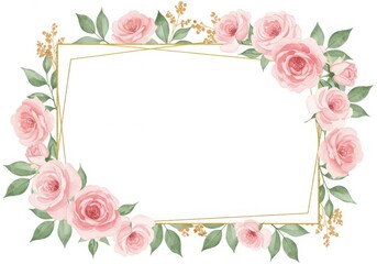 A floral frame with pink roses and golden accents surrounding a white rectangular space for text transparent background