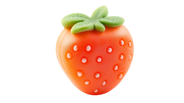 A silicone baby teether shaped like fruit, isolated on white background --ar 16:9