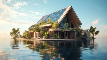 Obraz premium Modern Waterfront House on Tropical Island with Lush Greenery and Reflections