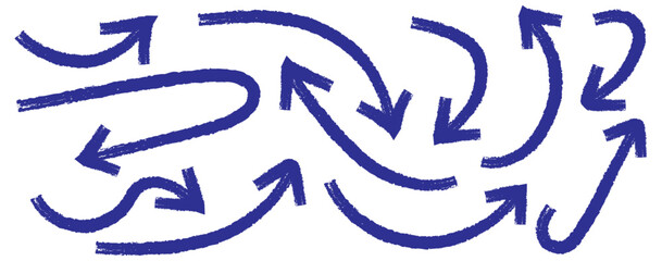 Blue doodle set on white background. Hand drawn set of doodle arrow icons. doodle marker thick arrows in different directions. Blue hand drawn brush arrow set. Grunge curved arrows set. Hand drawn 