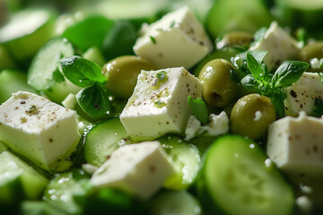 A healthy and realistic image of a Greek salad with feta cheese, olives, and cucumbers in natural daylight.