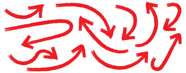 Scribble symbols of direction pointers. Red Hand drawn vector arrows doodle set on white background. Arrows with grunge lines. Hand drawn set of doodle arrow icons. Collection of hand free curved line