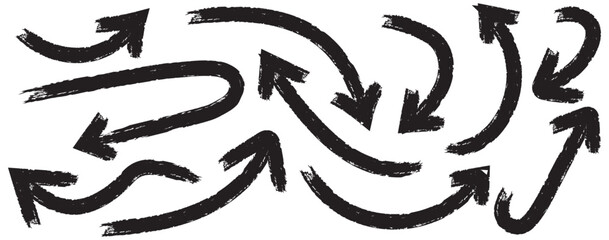 Brush, marker drawn bold arrows set. Collection of hand drawn doodle thick arrows in different directions. Various bold brush drawn arrows seamless pattern. Hand drawn different straight lines. 