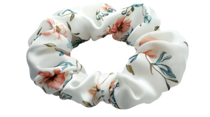 A silk hair scrunchie with floral print, isolated on white background --ar 16:9