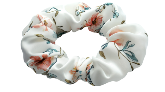 A silk hair scrunchie with floral print, isolated on white background --ar 16:9