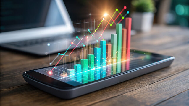 Innovative smartphone displaying animated growth chart with colorful bars, symbolizing financial progress and data analysis