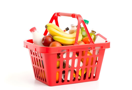 Red Shopping Basket Filled with Groceries - Basket of Fresh Food Items on White Background - Grocery Shopping Basket with Diverse Products