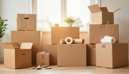 Organized cardboard boxes in bright living room, moving concept