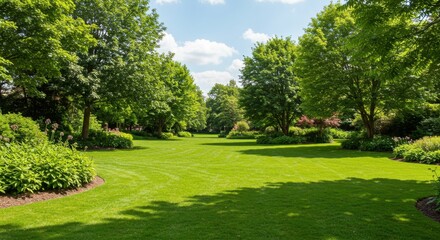 A vibrant green park showcasing lush grass and flourishing trees, supported by an efficient underground irrigation system