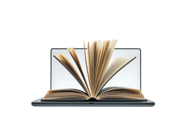 Open book on a laptop screen, isolated on white background. Concept of online learning, digital education, and internet study resources. 3D Rendering