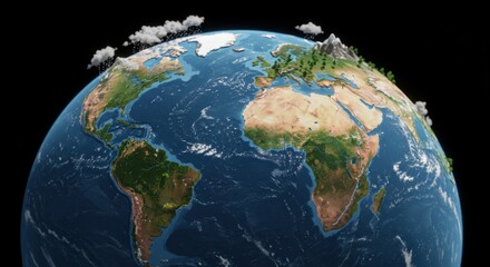 Fototapeta premium A visualization of the global water cycle, showcasing Earth with clouds, mountains, and land features representing the natural processes of evaporation, condensation, and precipitation